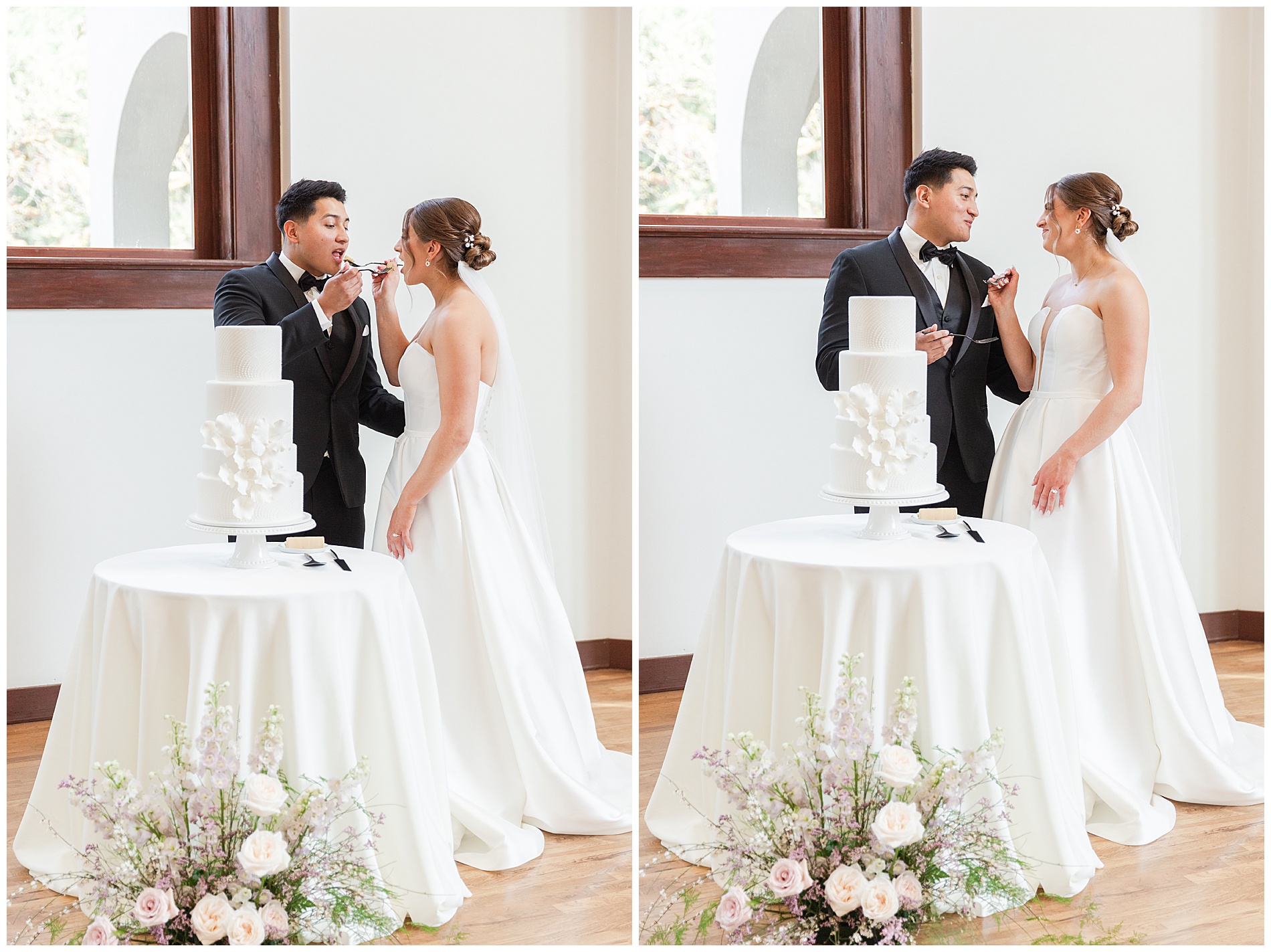 Feeding each other the wedding cake; smiling afterward