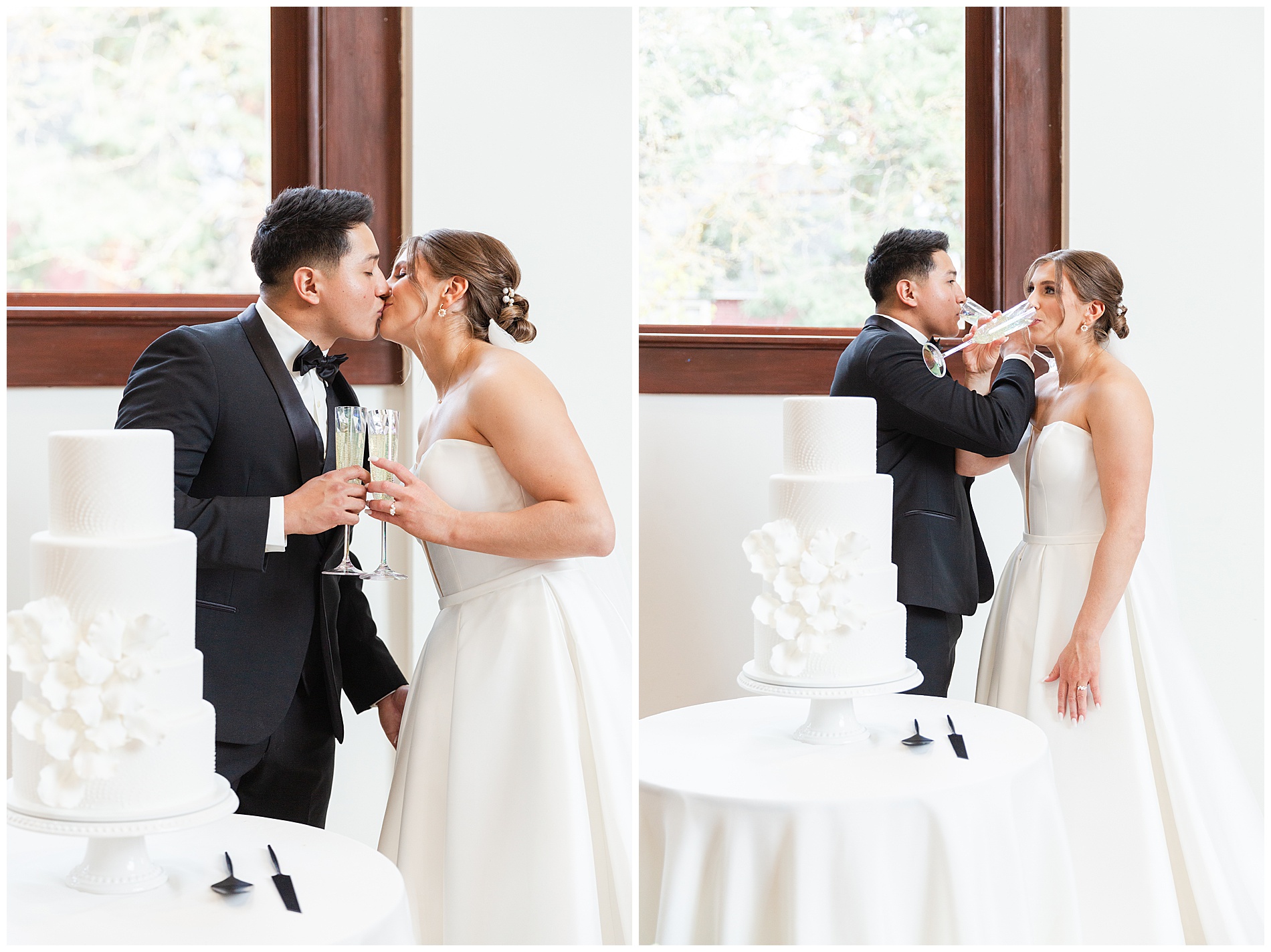 The couple hold champagne flutes and kiss; they carefully drink from the flutes with their arms linked