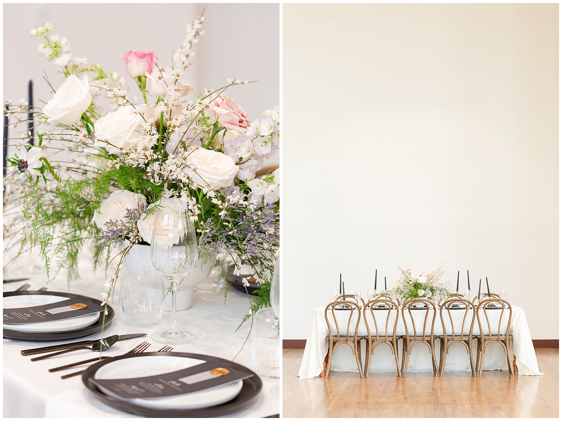 The flowers at the reception table and place settings; the reception table from far away