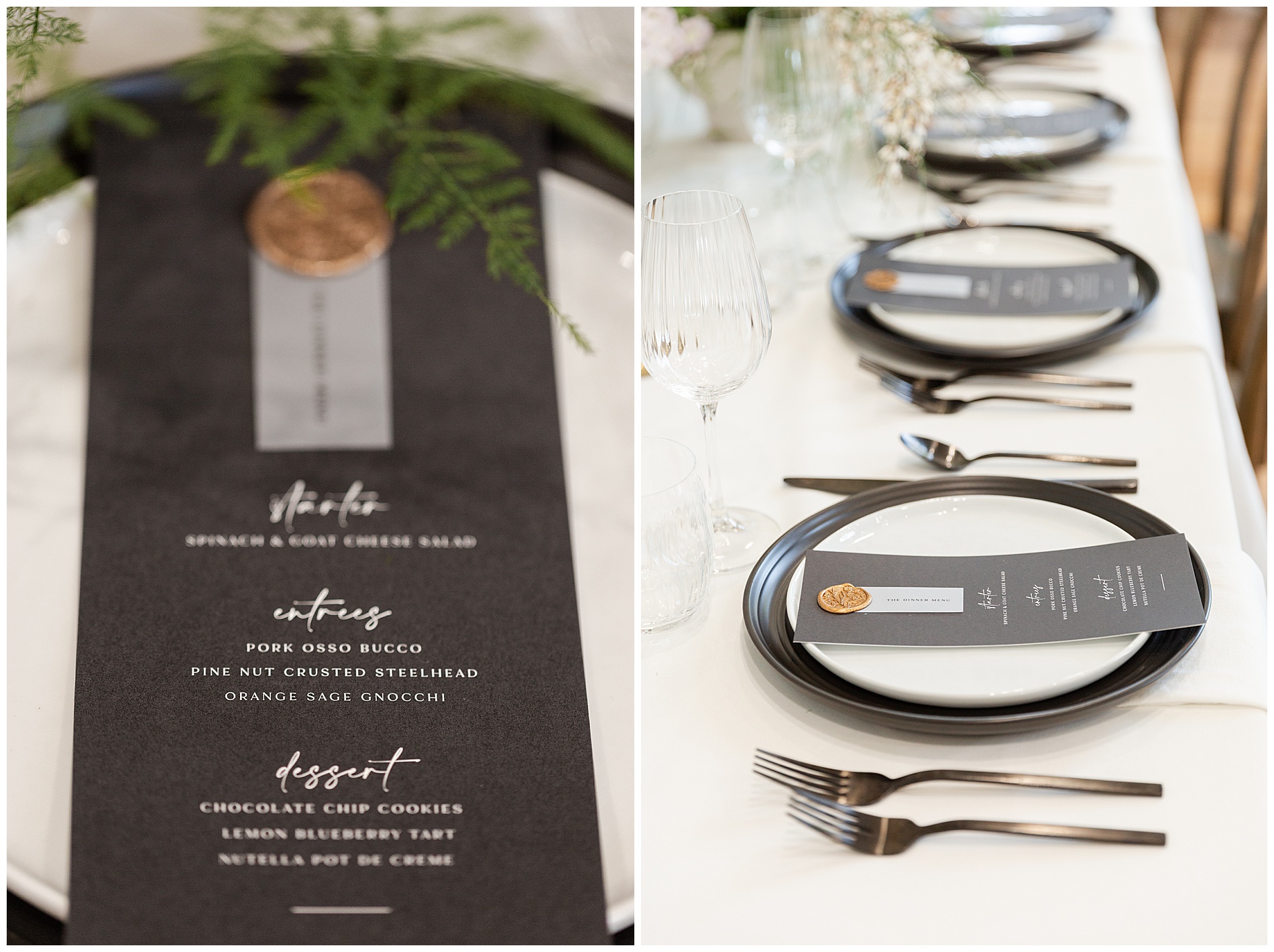 An individual dinner menu at the reception table; four place settings lined up, each with a dinner menu