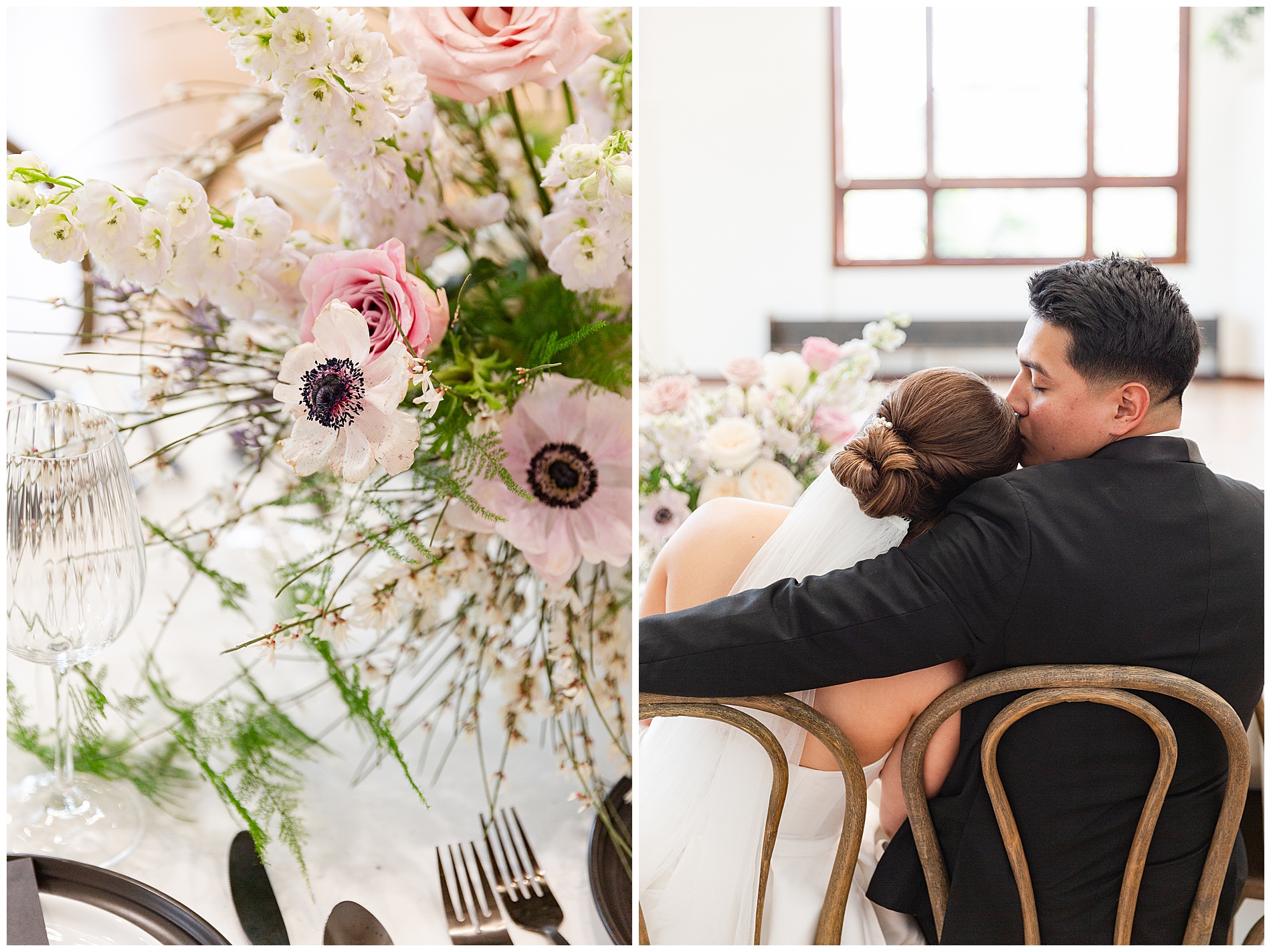 A close up view of the anemones in the reception table's centerpiece; the groom kisses the bride's forehead as they sit at the reception table