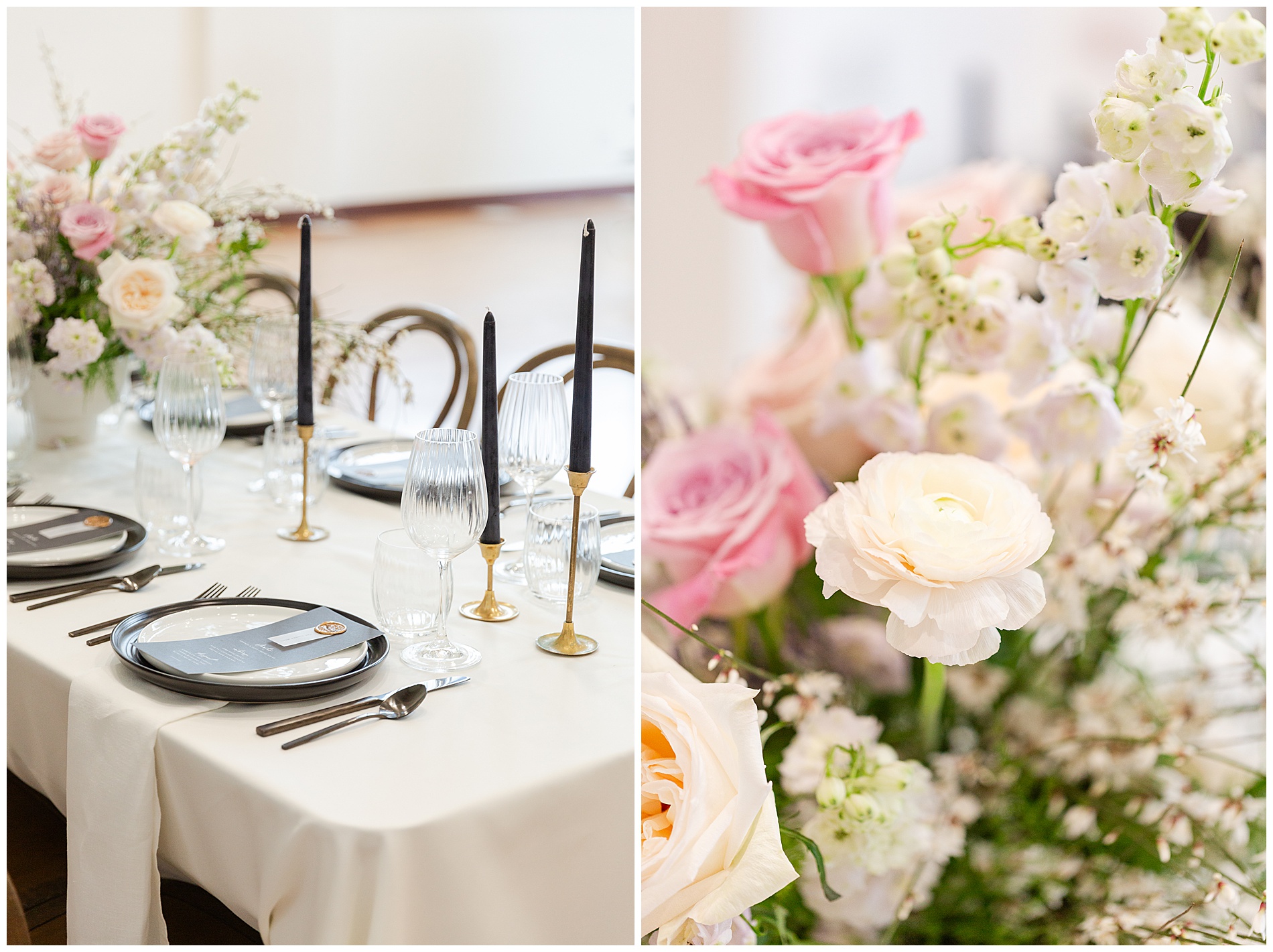 Goblets and candlesticks at the reception table; a close up on a ranunculus flower in the centerpiece flower arrangement