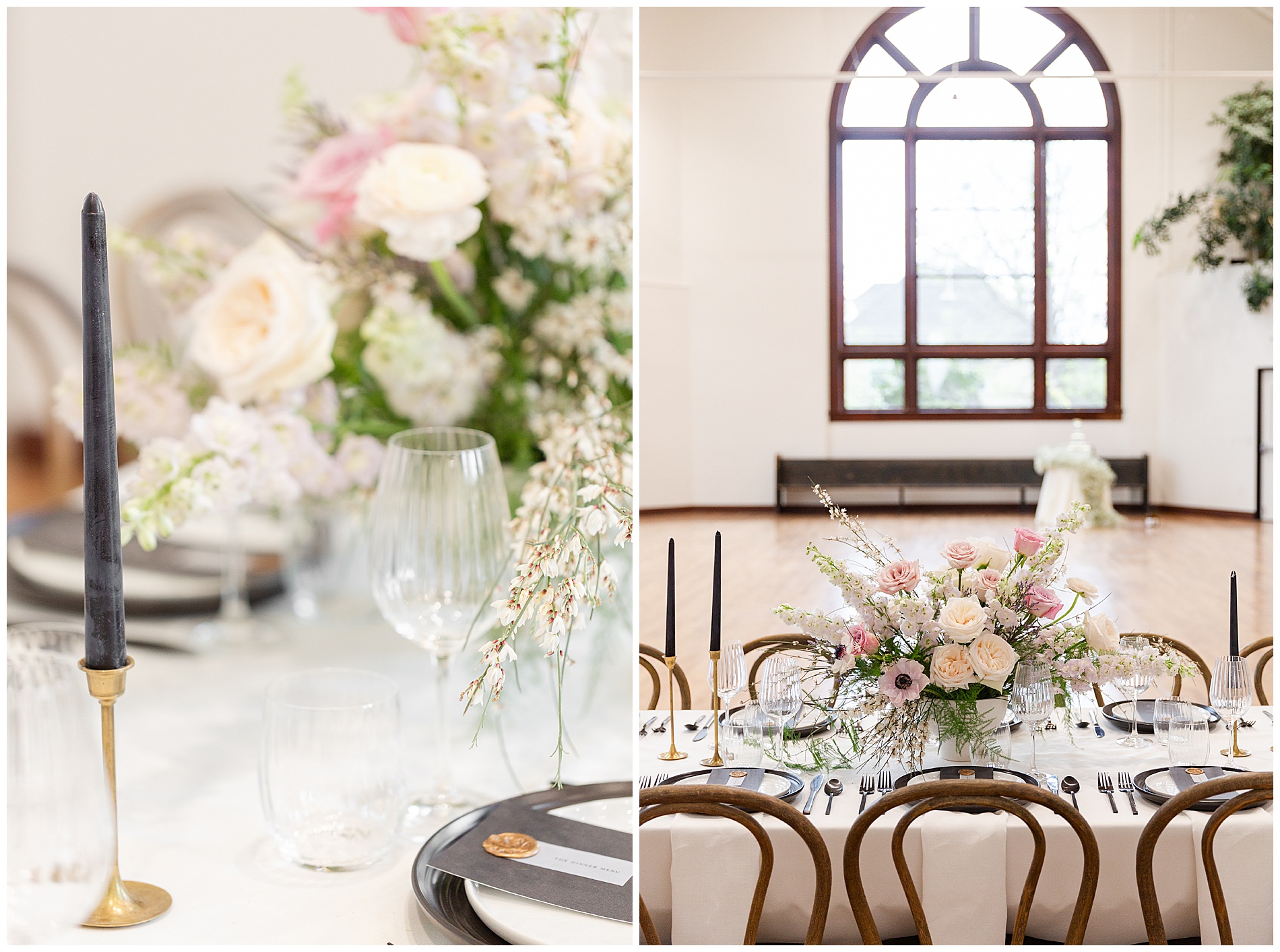 A black taper candle in a brass candlestick; the reception table with the large windows behind it