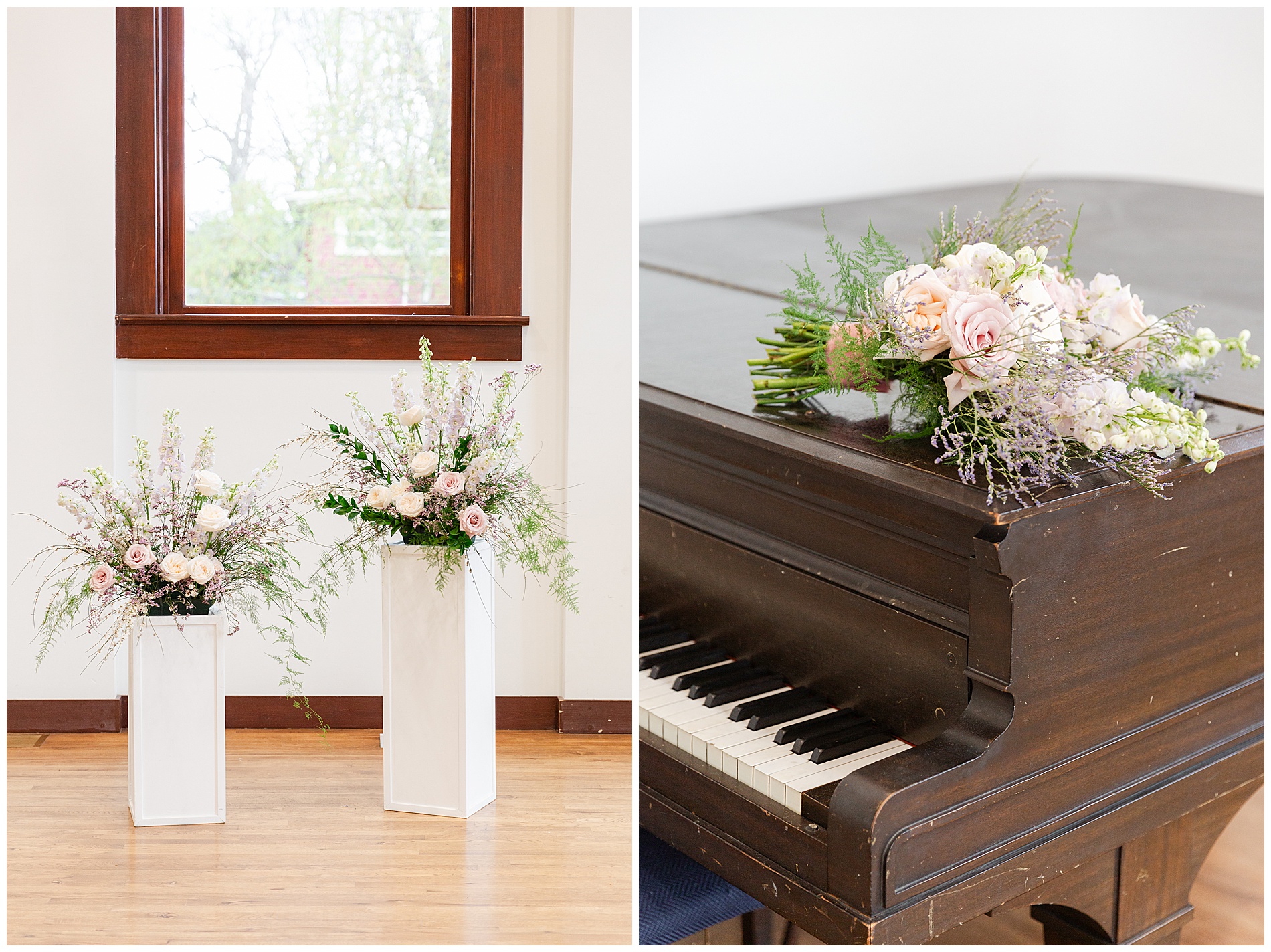 Two floral bouquets on wooden stands beneath a large window at TRICA Boise; the bride's bouquet on the piano