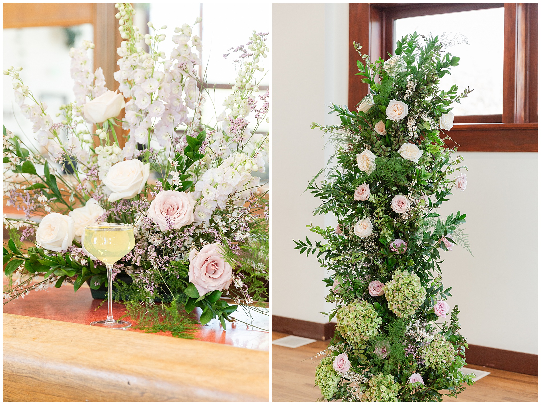 A cocktail at the bar with a floral centerpiece behind it; part of the ceremony flowers