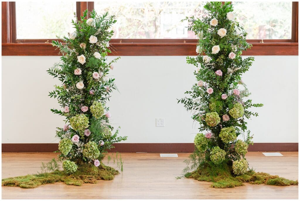 These two towers of flowers and greenery marked the ceremony location