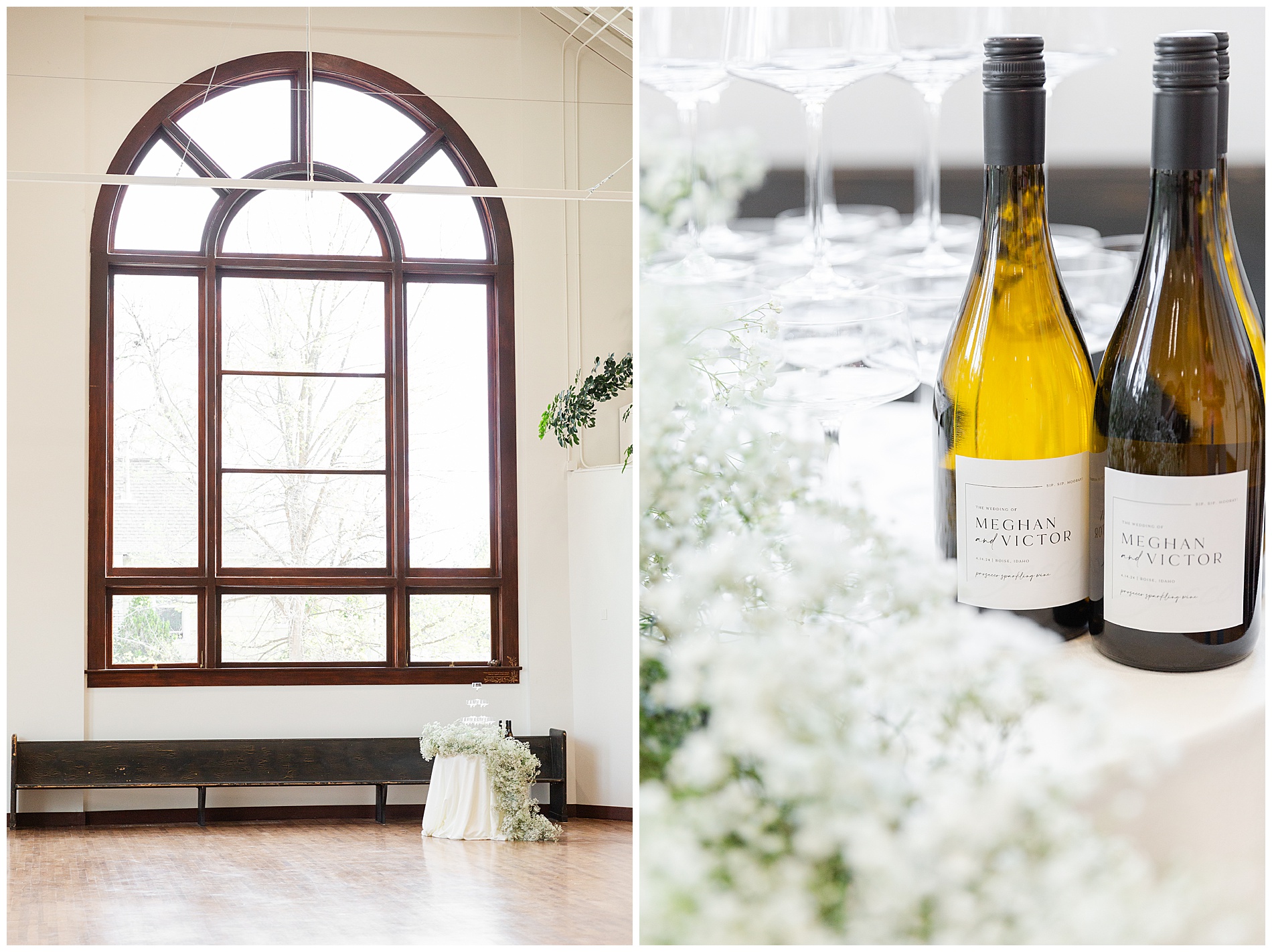 A champagne tower set up beneath a large window; close up on the glasses and champagne bottles