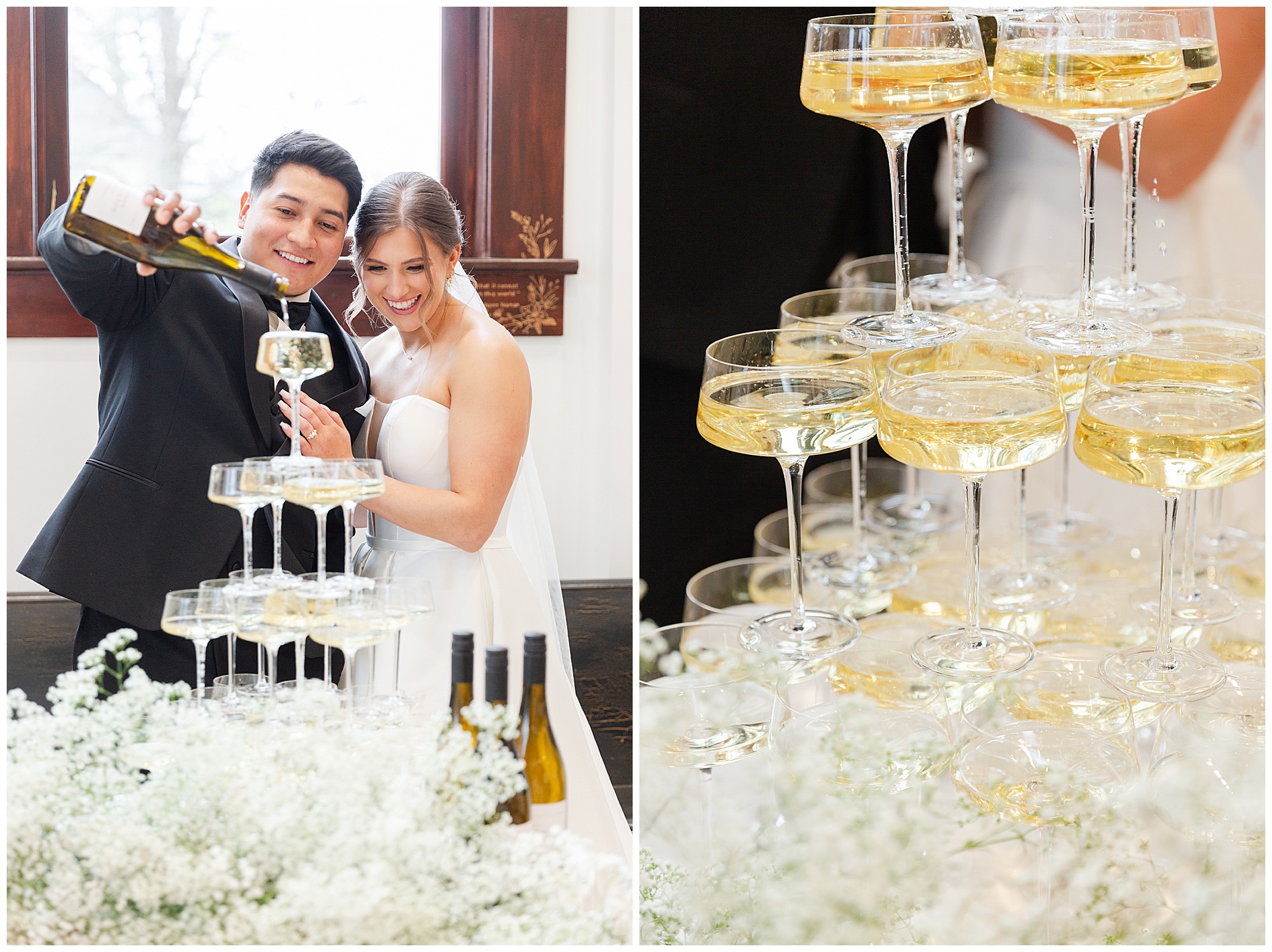 The couple smile as they watch champagne pouring into the lowest level of glasses in the champagne tower; close up on the champagne in the glasses
