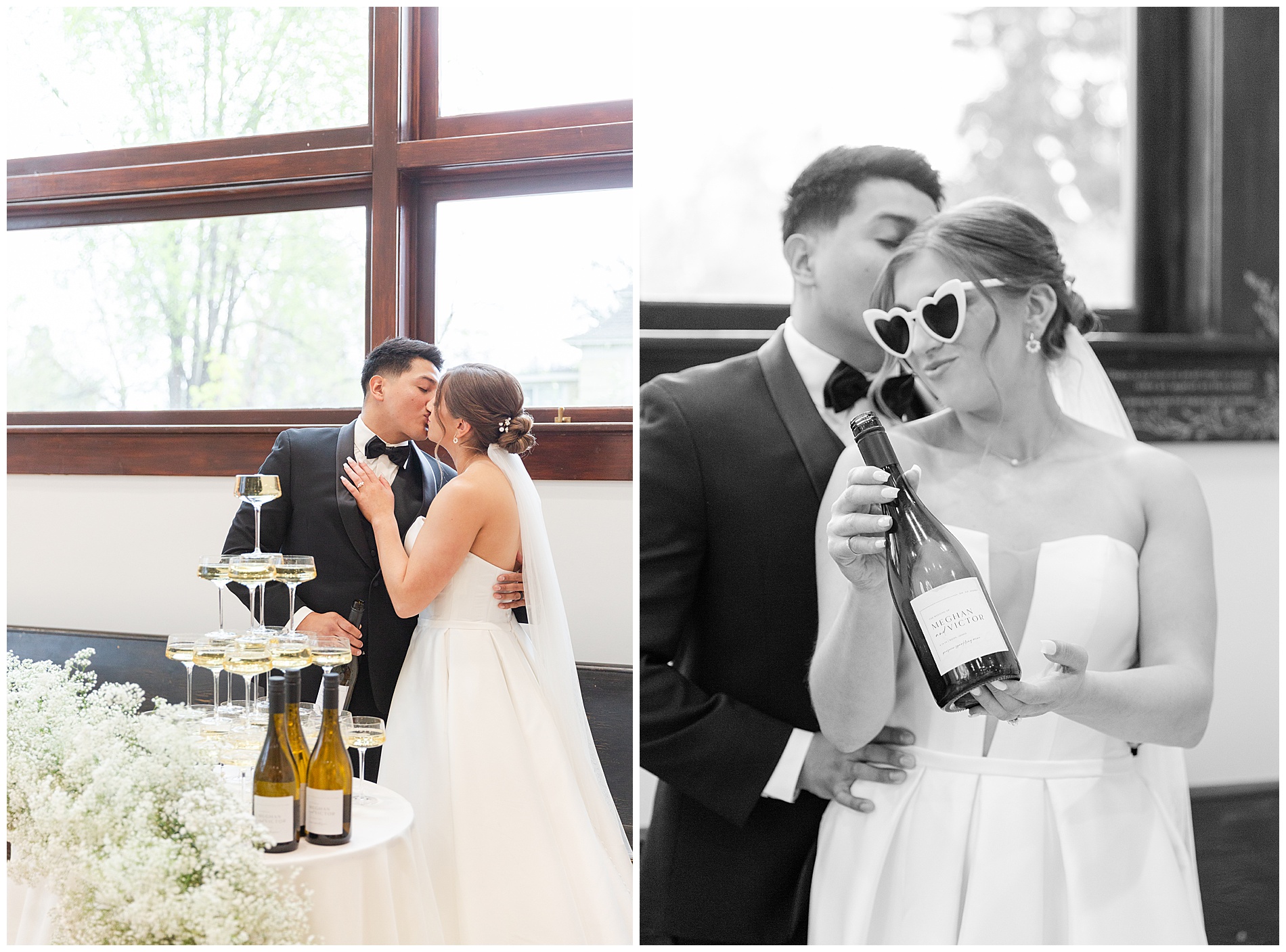 The couple kiss after pouring out all the champagne; the bride wears white heart-shaped sunglasses and holds out an empty bottle of champagne
