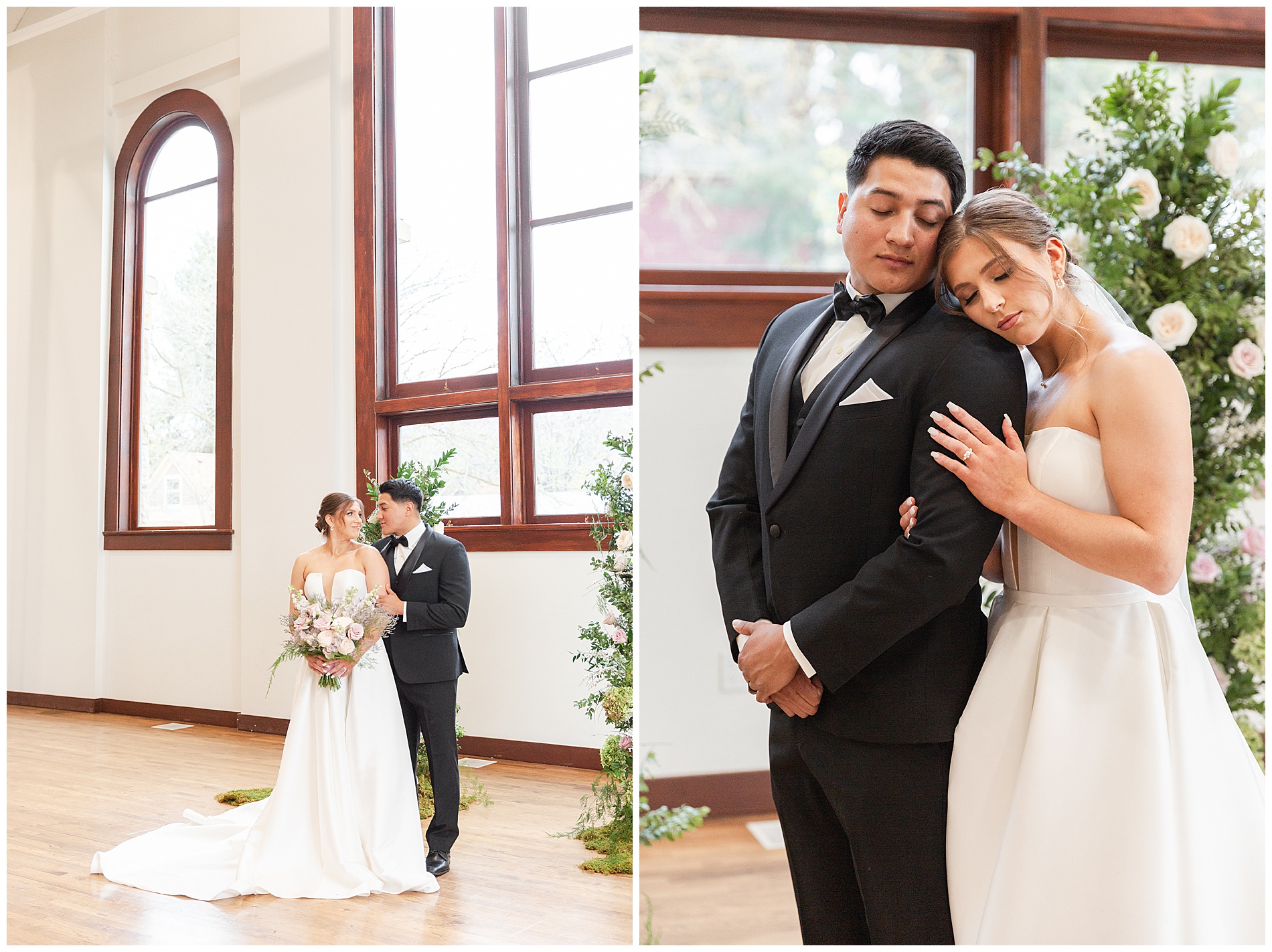 The couple standing side by side; the bride rests her head on the groom's shoulder