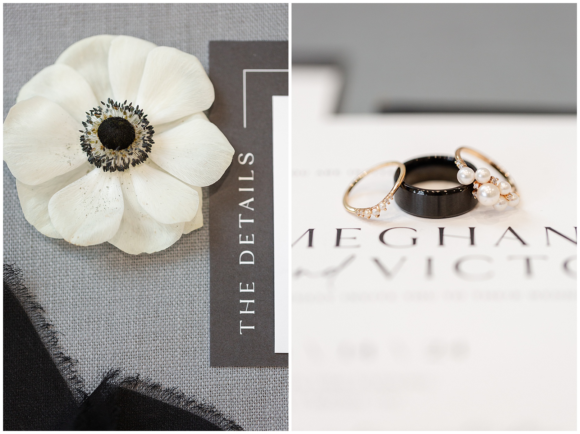 Close up on a piece of the stationery suite; all three rings positioned over the couple's names on their wedding invitation