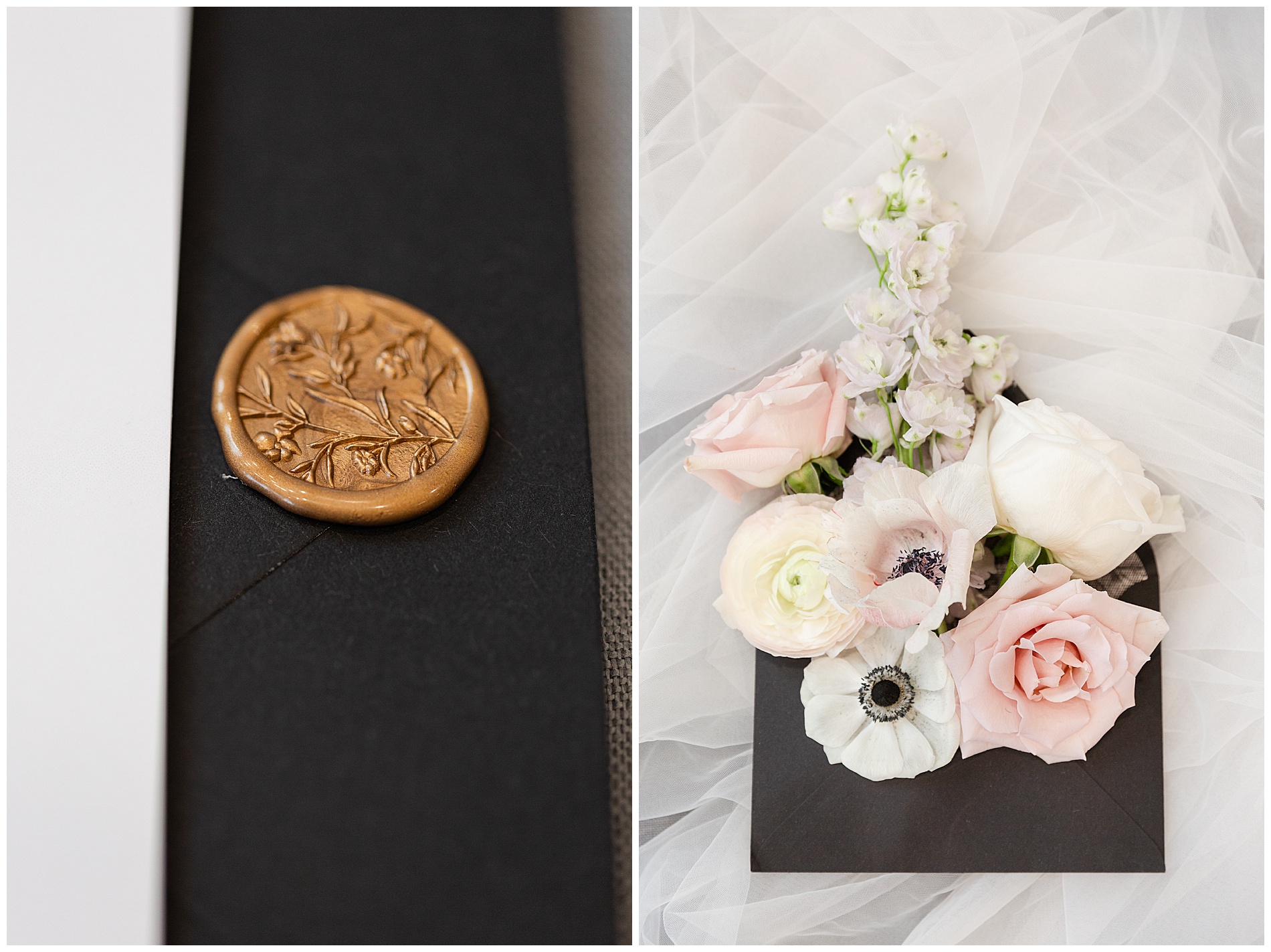 The invitation's wax seal; extra flowers stuffed into an envelope