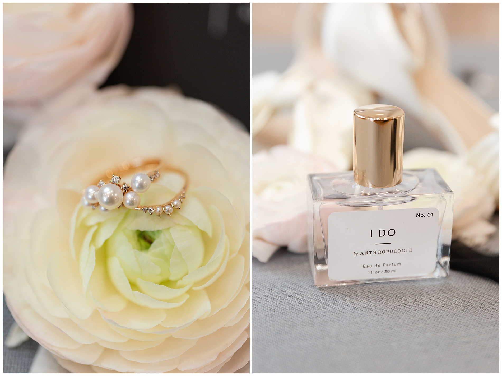 The bride's pearl and diamond rings on a ranunculus flower; a perfume bottle in front of the bride's wedding shoes