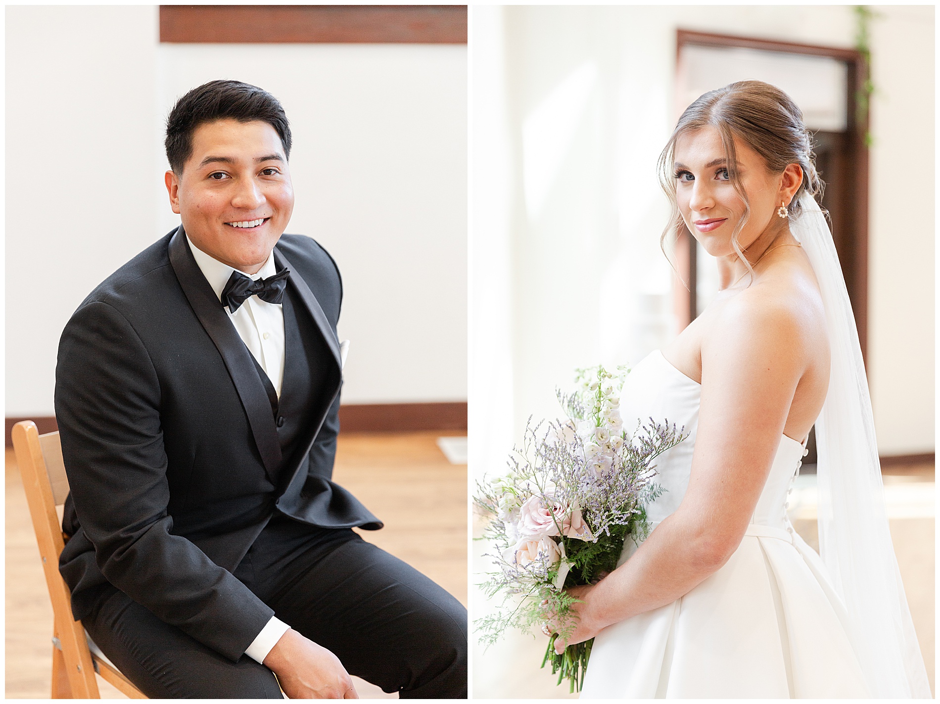 An individual photo of the groom and one of the bride