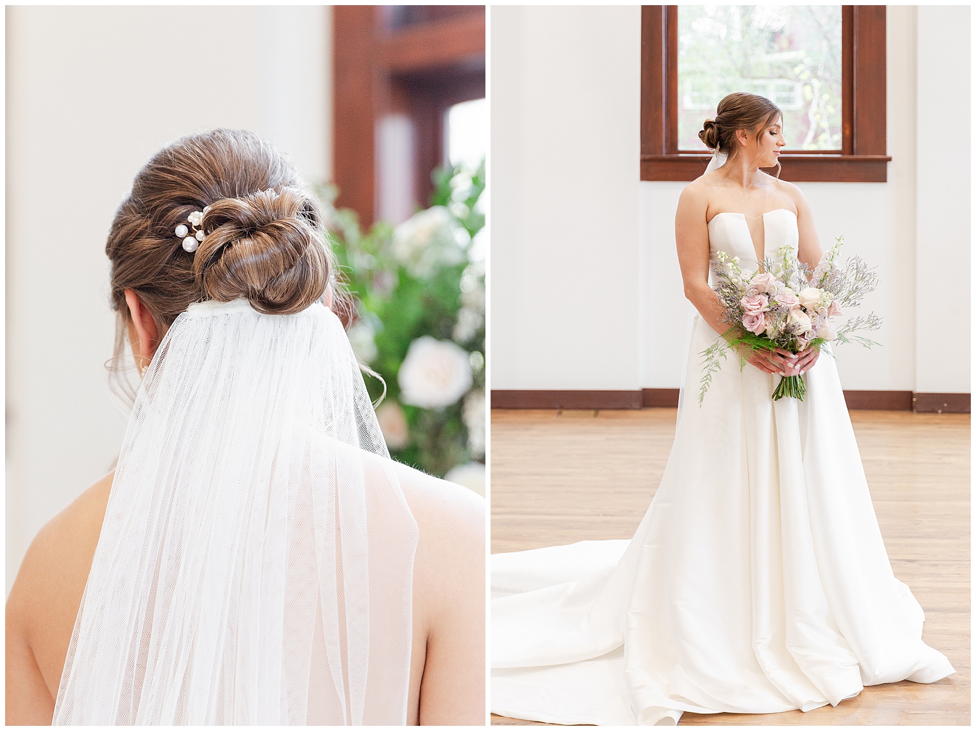 View of the bride's bun from the back and the side