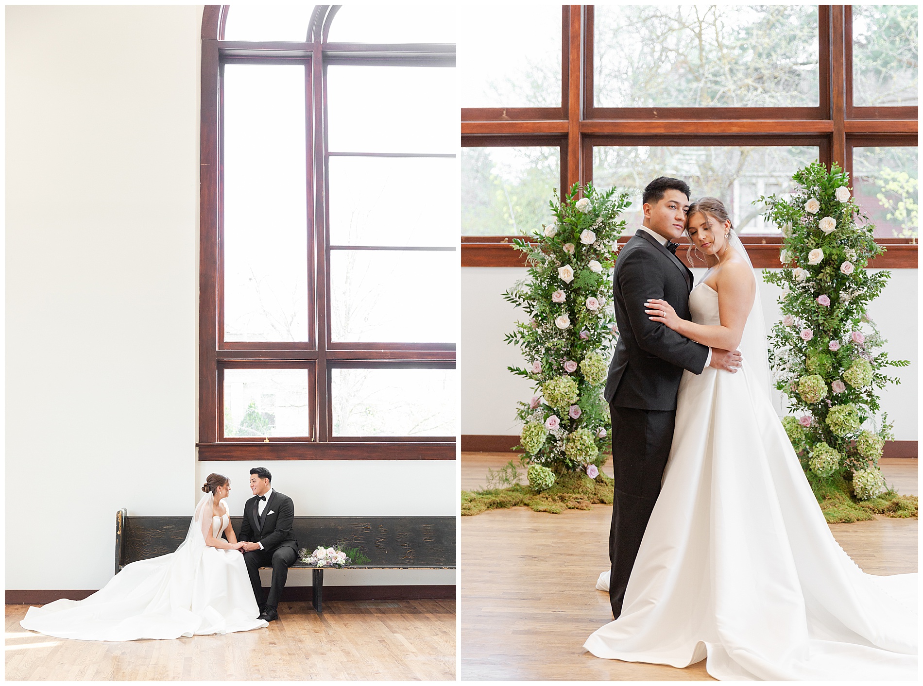 The bride and groom sit on a pew beneath a large window at TRICA in Boise, Idaho; another portrait under another set of windows
