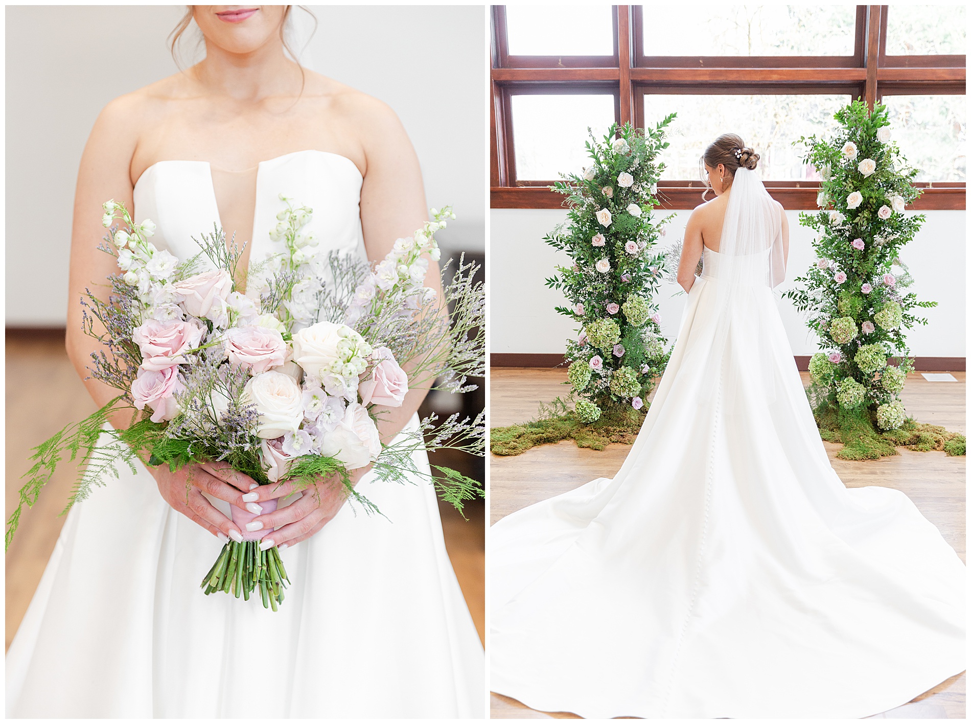 The bride holding her bouquet; the back of the bride's dress with her long train and veil