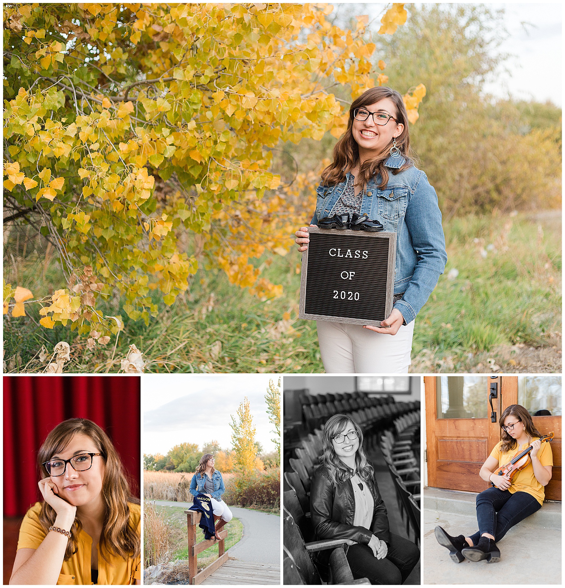 Senior photos collage, including a letter board, violin, and theater shots, taken in Weiser, Idaho