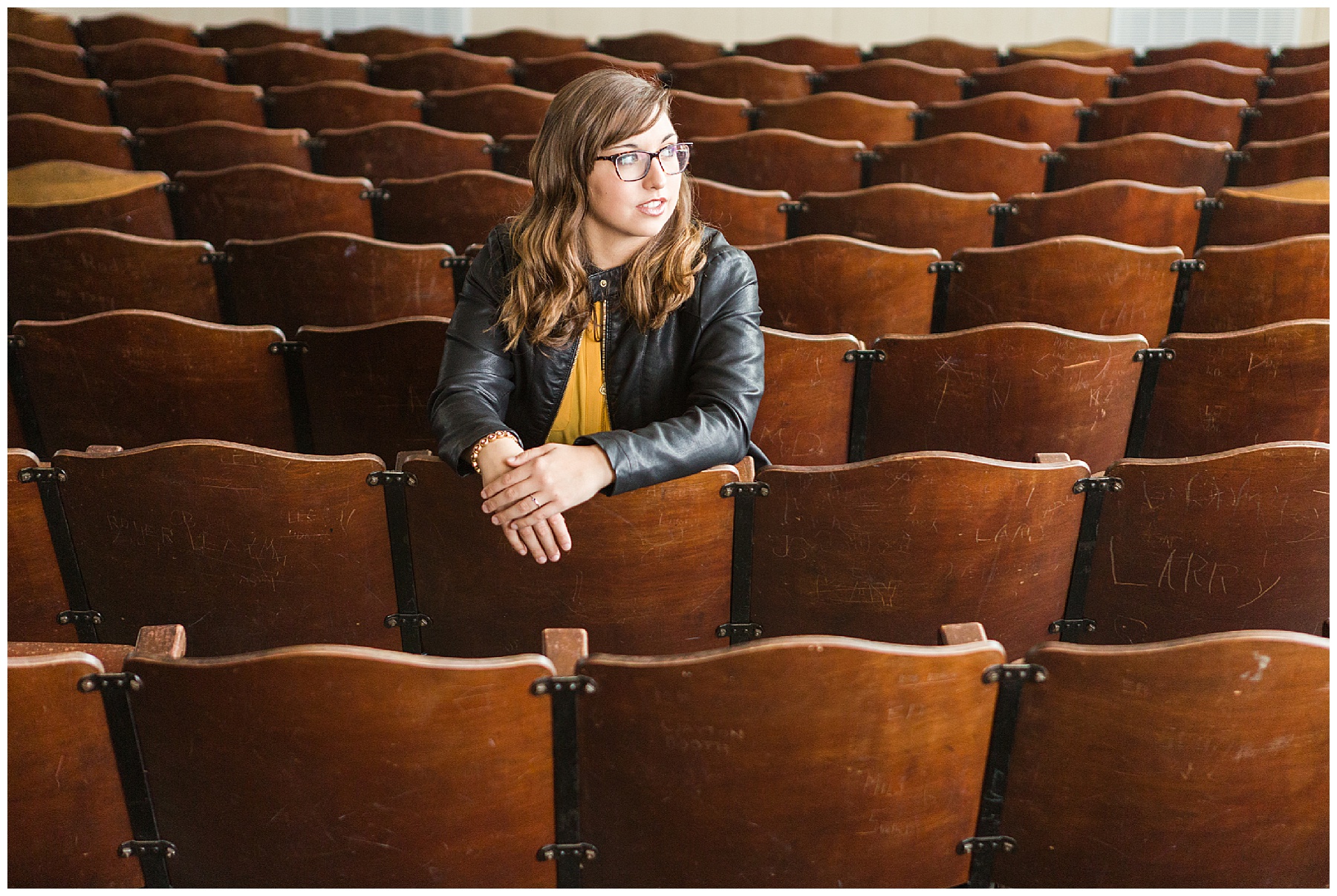 Idaho senior photo taken in a theater in Weiser