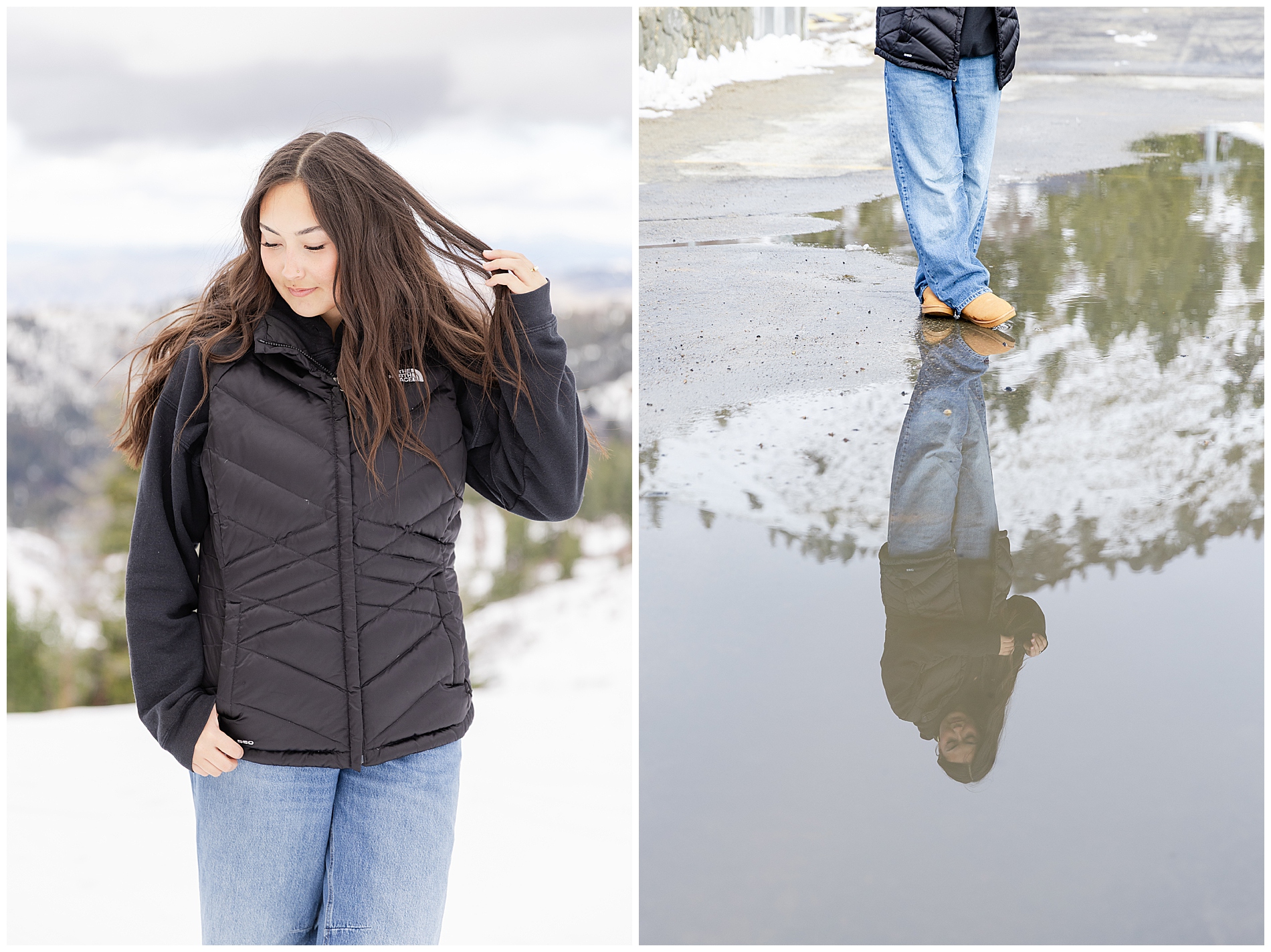 A girl reflected in a puddle at Bogus Basin