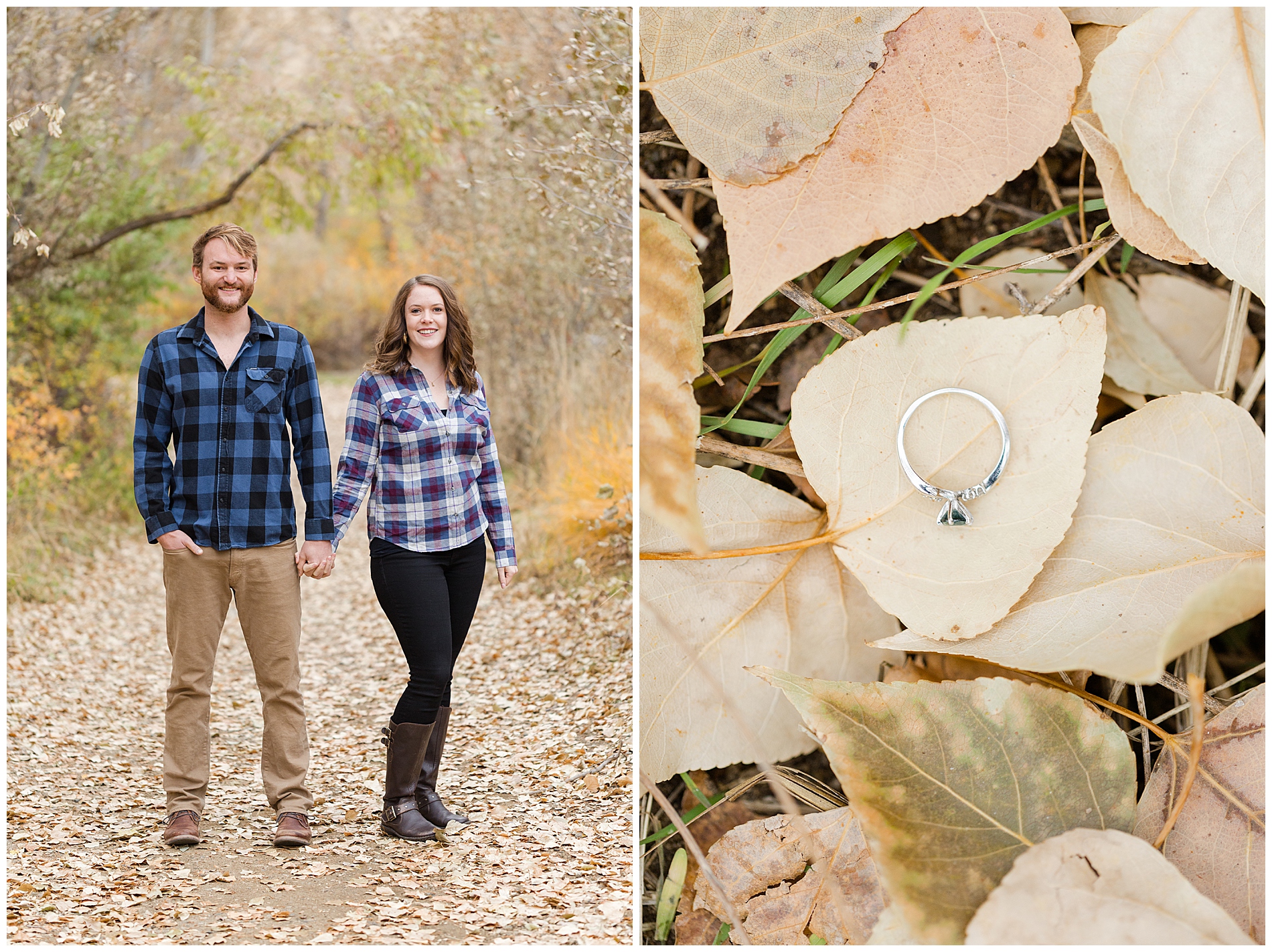 Engaged couple standing in leaves at the Military Reserve park in Boise; the bride-to-be's Montana sapphire ring