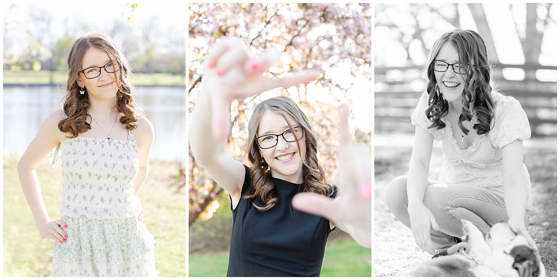 Three images of a high school senior at Julia Davis Park in Boise, Idaho