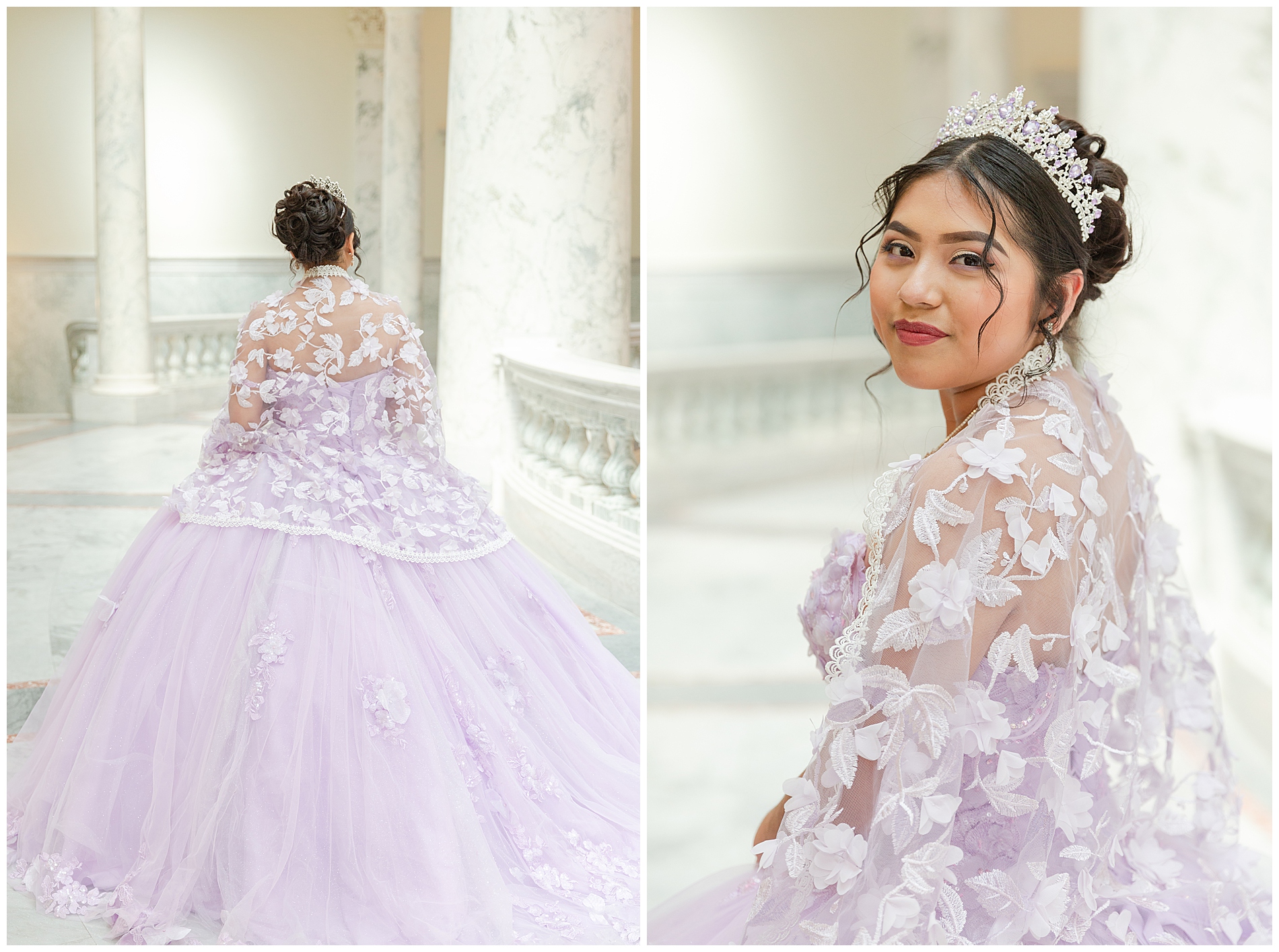 Girl in light purple quinceañera dress and matching tulle shawl