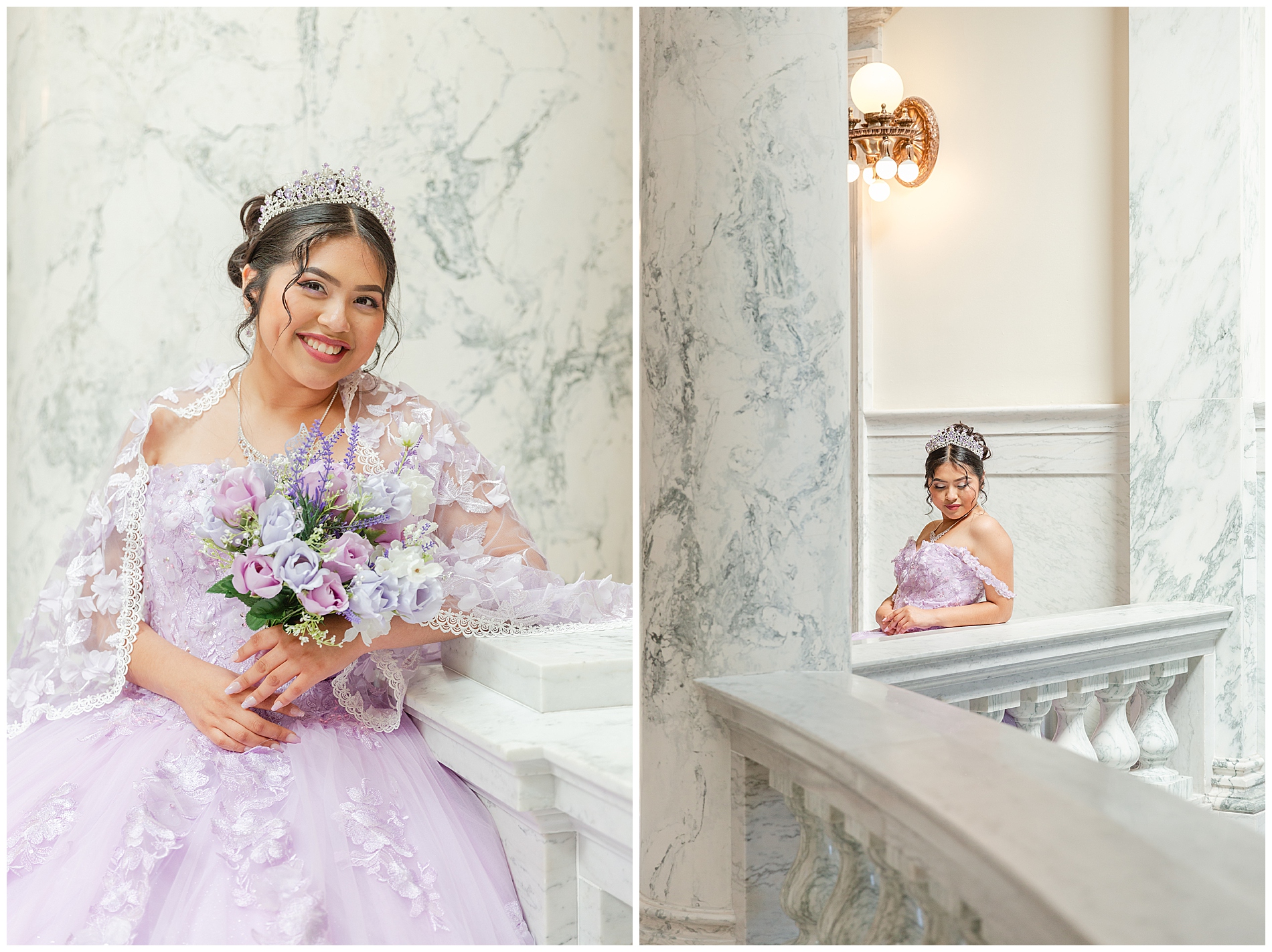 Girl in light purple quinceañera dress and purple flowers
