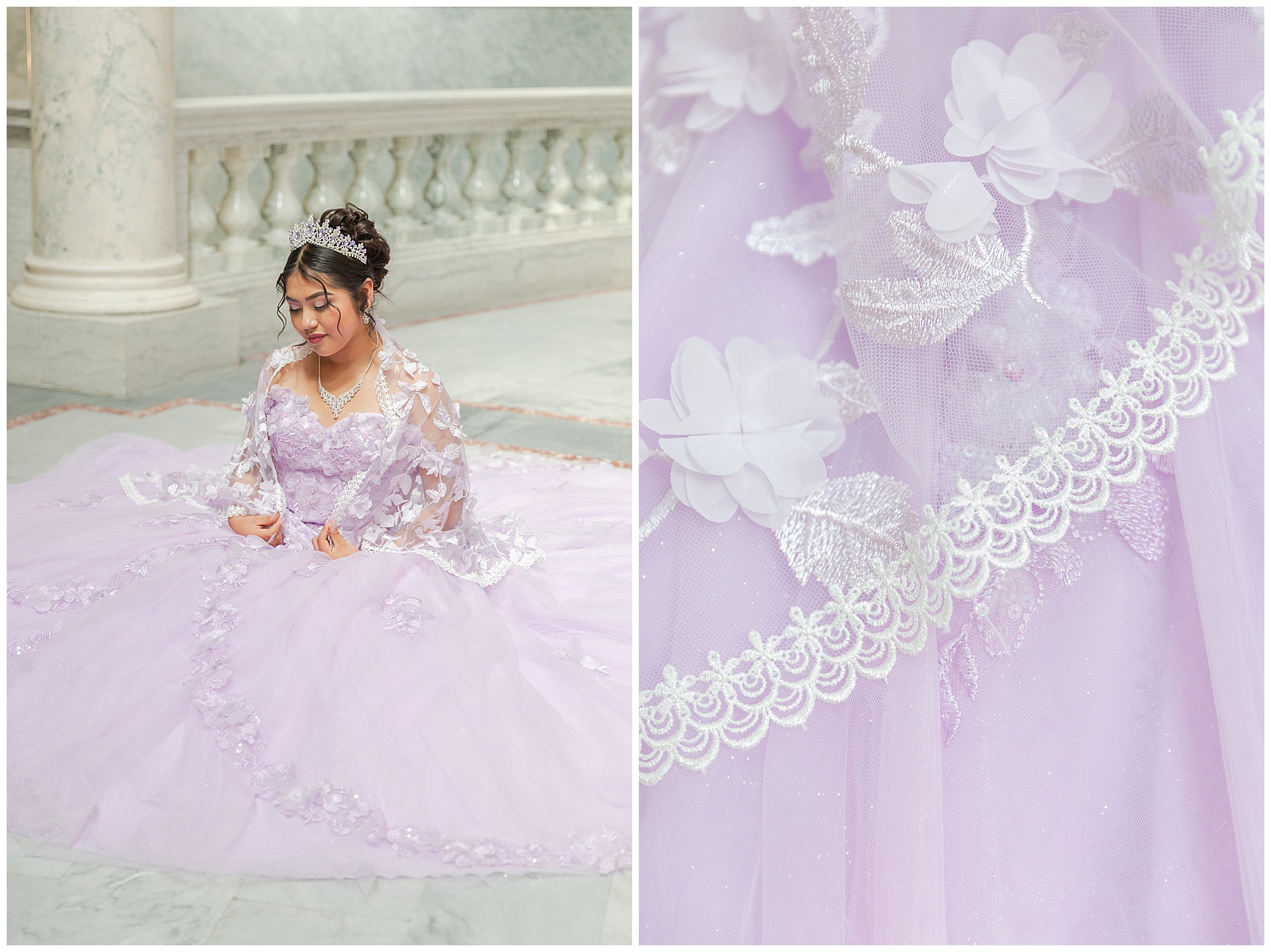 A quinceañera and the details of her matching tulle shawl embroidery