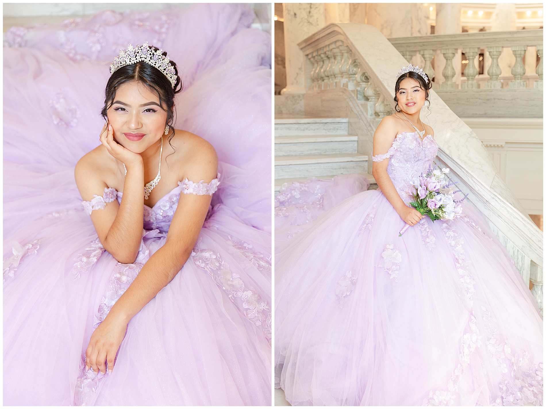 Portraits of a quinceañera in purple at the Idaho Capitol in Boise