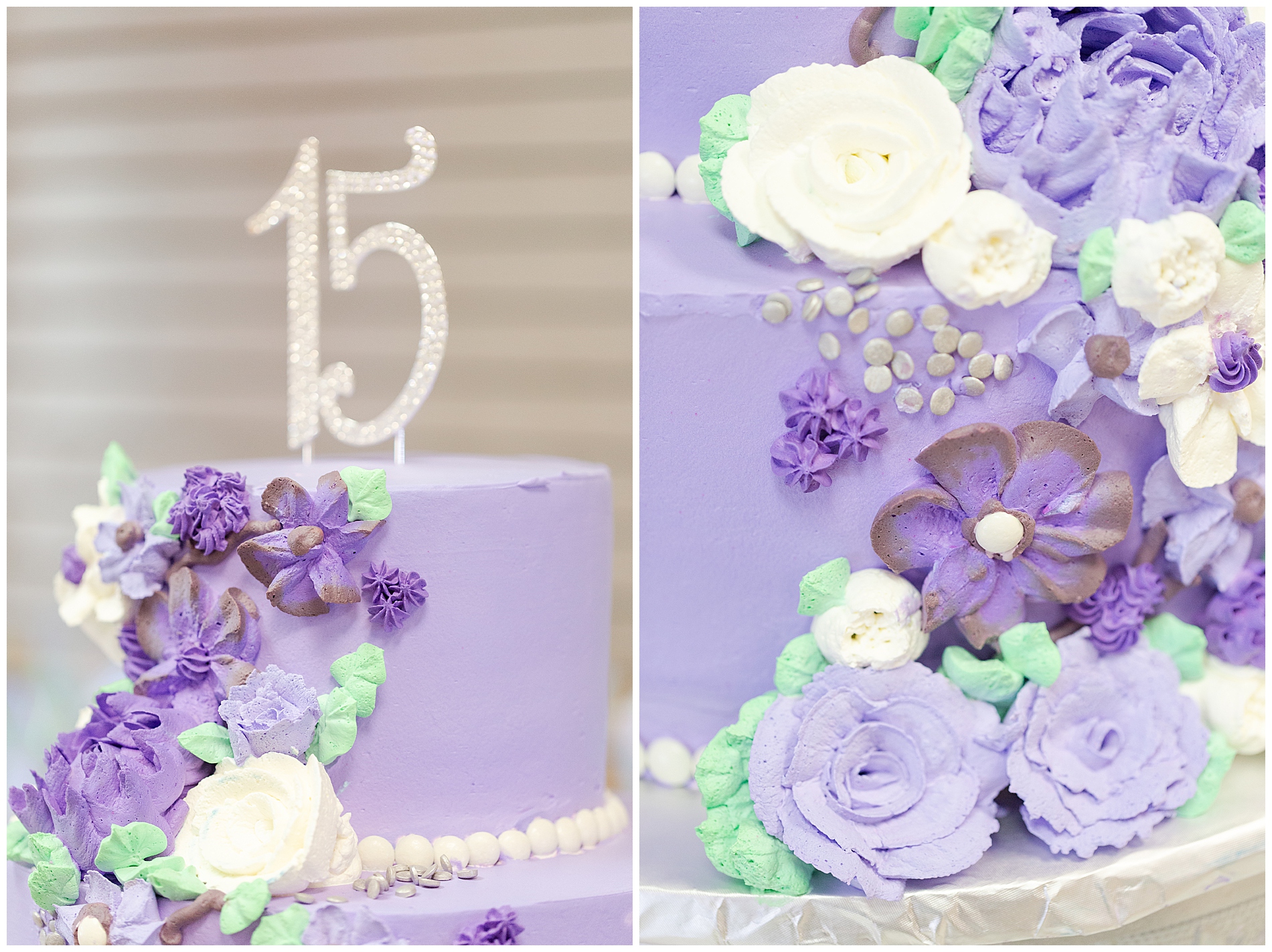Multi-tiered purple cake with a bejeweled "15" topper and frosting flowers